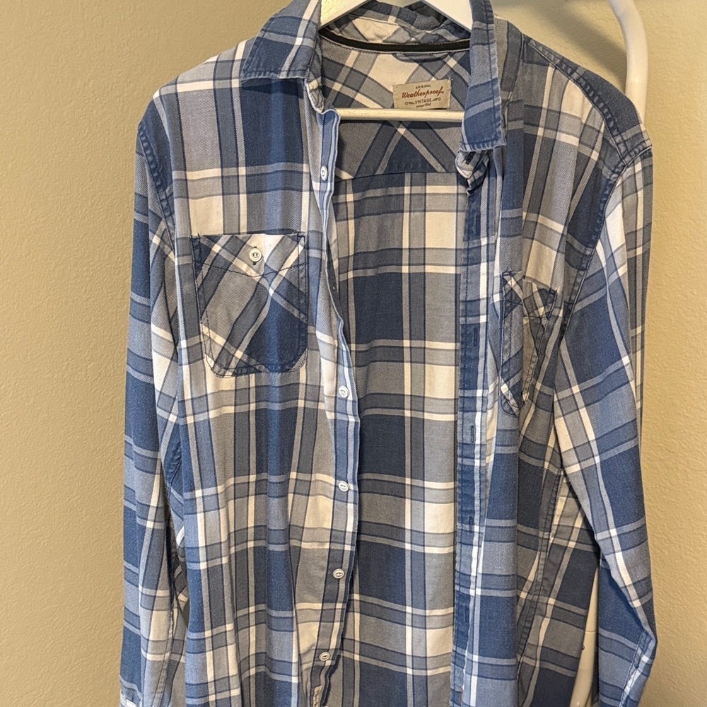 Blue and White Plaid Button-Down Shirt